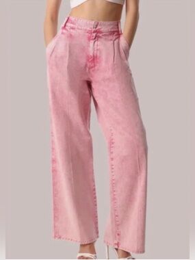Pink Acid Wash Avec Les Filles Wide Leg Jeans High Rise Cotton Size 25